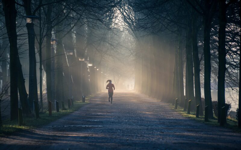 Person running on a gold foggy day through a park